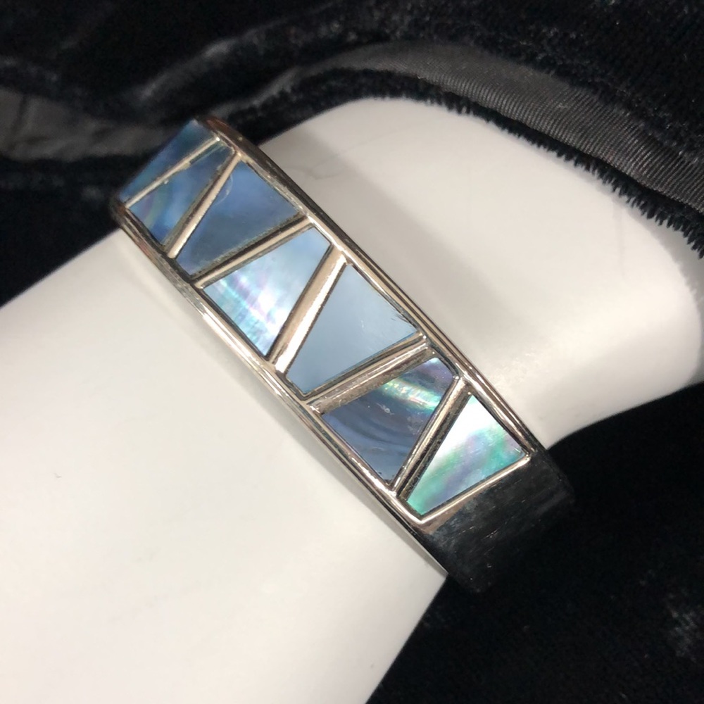 Contemporary Silver Hinged Bangle With Iridescent… - image 2